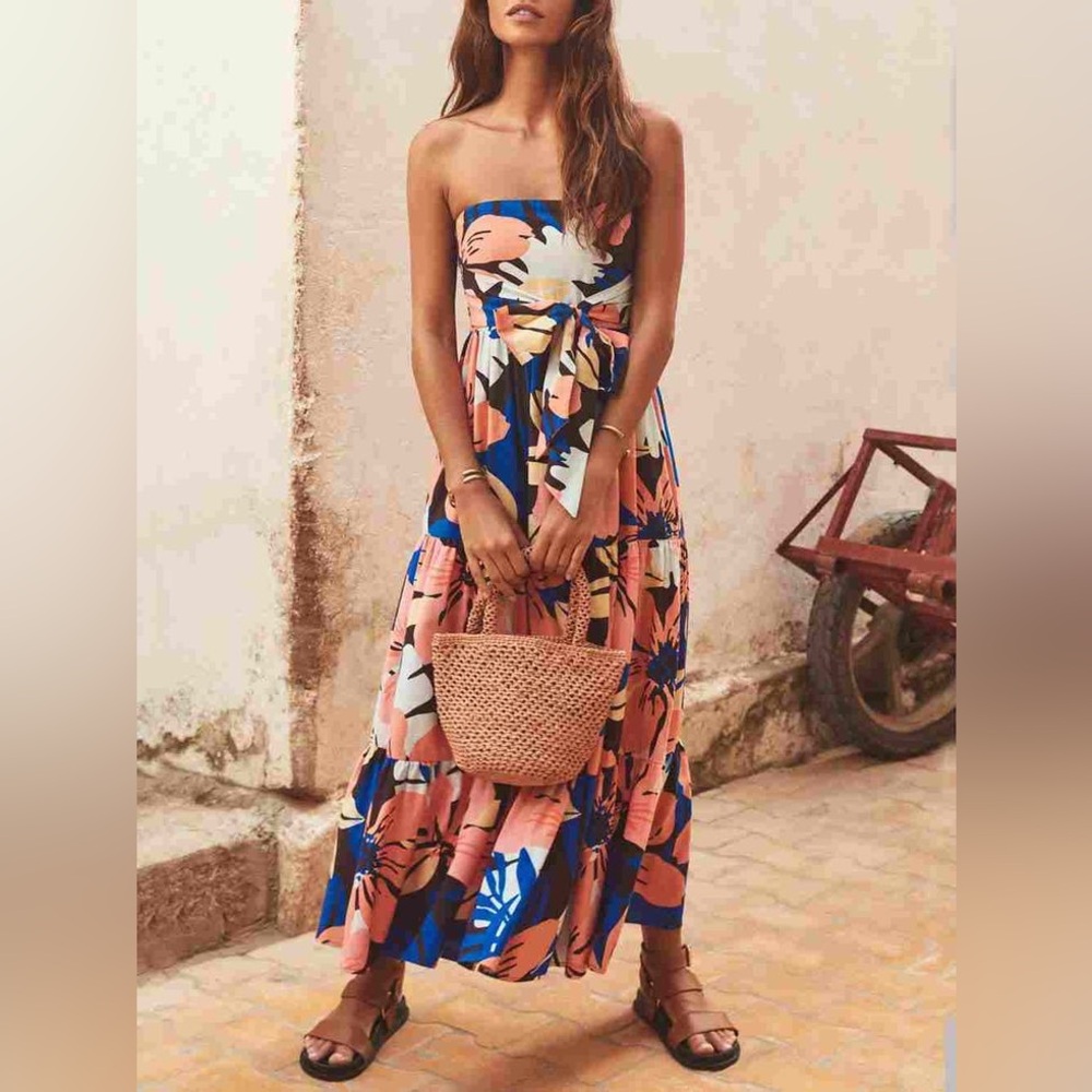 Mister Zimi Strapless Tropical Floral Tiered Maxi Dress size 6